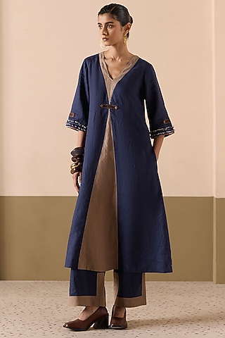 Navy Linen Patchwork A-Line Kurta Set by Sureena Chowdhri