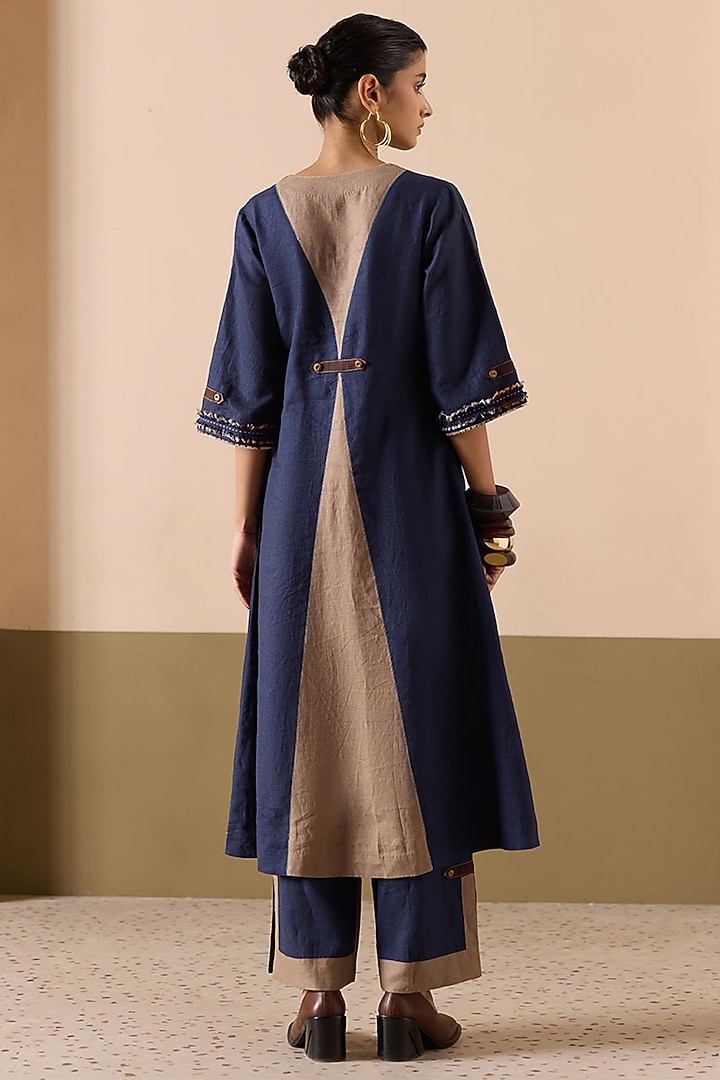 Navy Linen Patchwork A-Line Kurta Set by Sureena Chowdhri at Pernia's Pop Up Shop