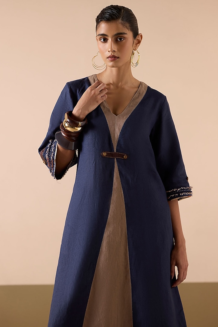 Navy Linen Patchwork A-Line Kurta Set by Sureena Chowdhri at Pernia's Pop Up Shop