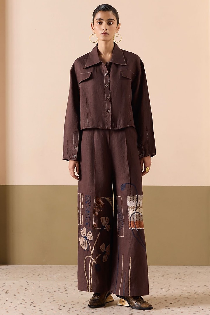 Brown Linen Applique & Thread Work Co-Ord Set by Sureena Chowdhri at Pernia's Pop Up Shop