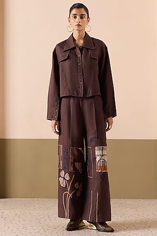 Brown Linen Applique & Thread Work Co-Ord Set by Sureena Chowdhri