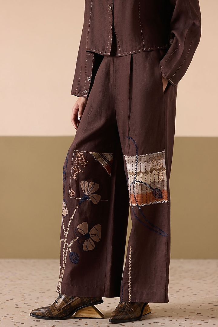 Brown Linen Applique & Thread Work Co-Ord Set by Sureena Chowdhri at Pernia's Pop Up Shop