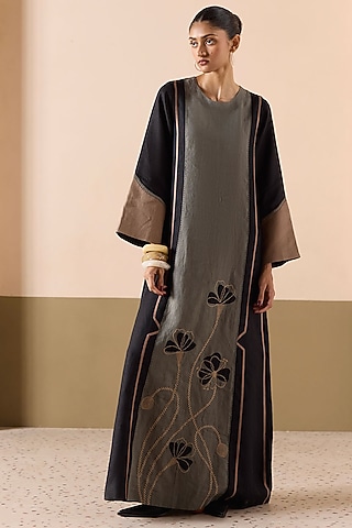 Black & Sage Linen Applique Work Kaftan by Sureena Chowdhri