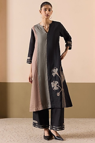 Black & Sand Linen Applique Work Kurta Set by Sureena Chowdhri