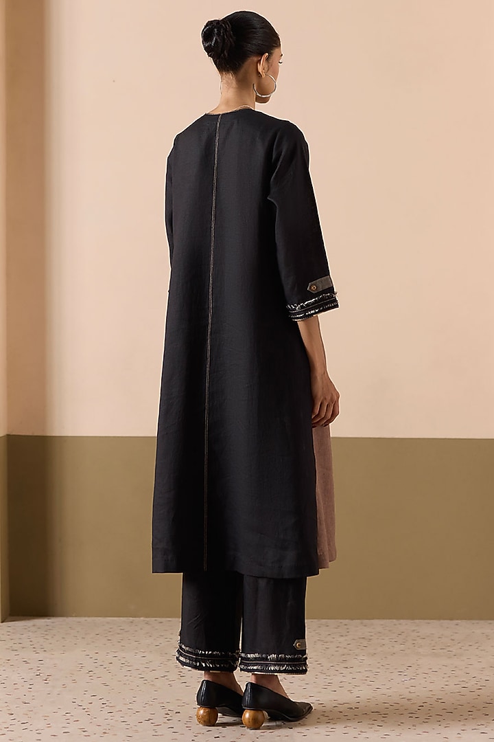 Black & Sand Linen Applique Work Kurta Set by Sureena Chowdhri at Pernia's Pop Up Shop