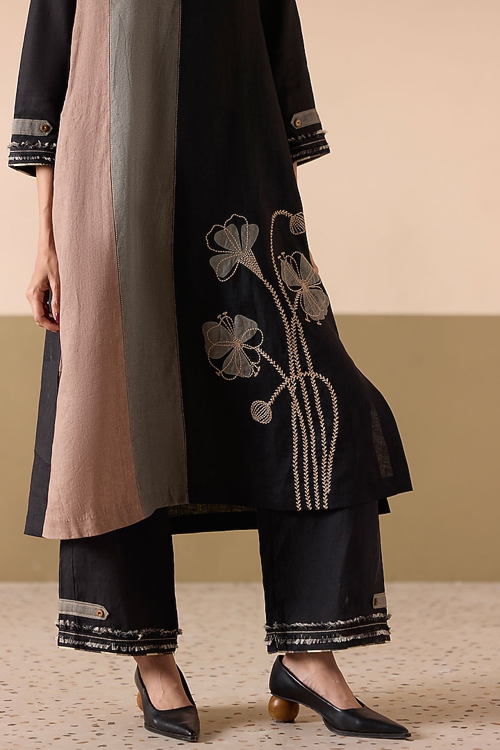 Black & Sand Linen Applique Work Kurta Set by Sureena Chowdhri at Pernia's Pop Up Shop