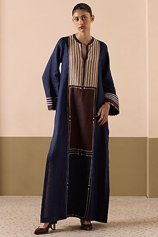 Navy Linen Thread Work Kaftan by Sureena Chowdhri