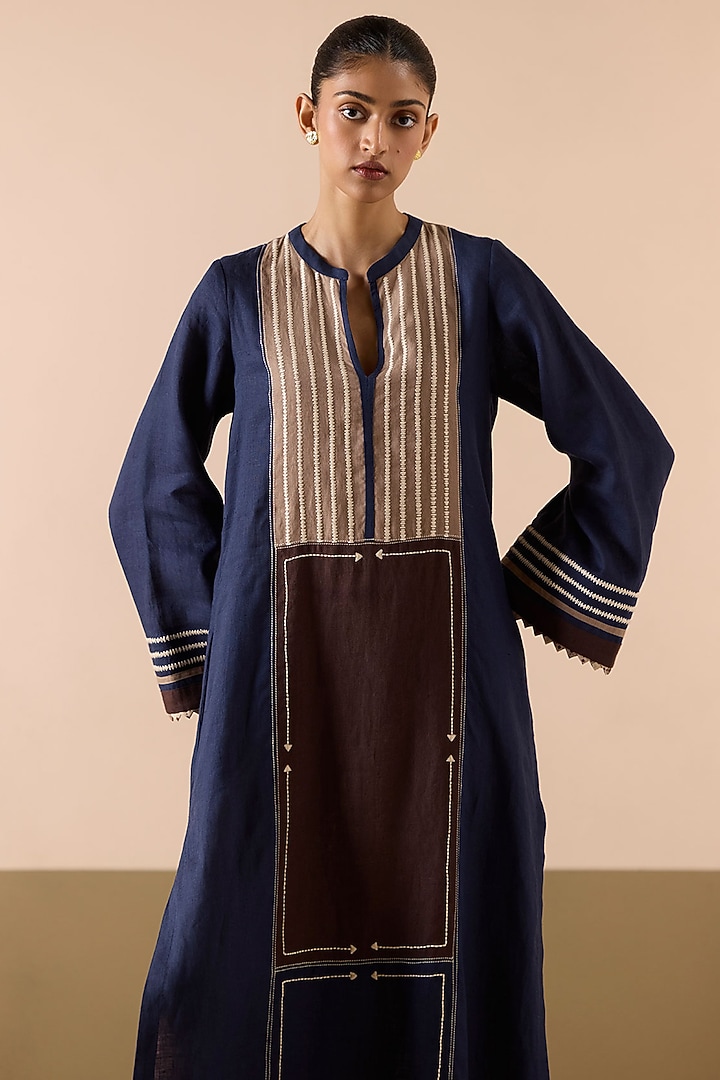 Navy Linen Thread Work Kaftan by Sureena Chowdhri at Pernia's Pop Up Shop