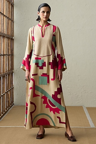 Dark Beige Muslin Applique Work Kaftan by Sureena Chowdhri