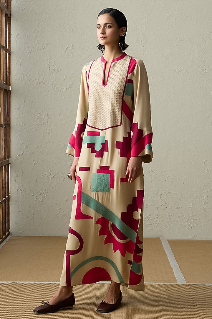 Dark Beige Muslin Applique Work Kaftan by Sureena Chowdhri at Pernia's Pop Up Shop