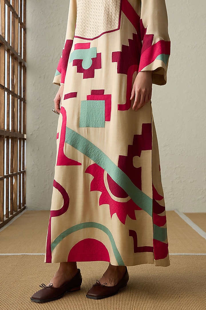 Dark Beige Muslin Applique Work Kaftan by Sureena Chowdhri at Pernia's Pop Up Shop
