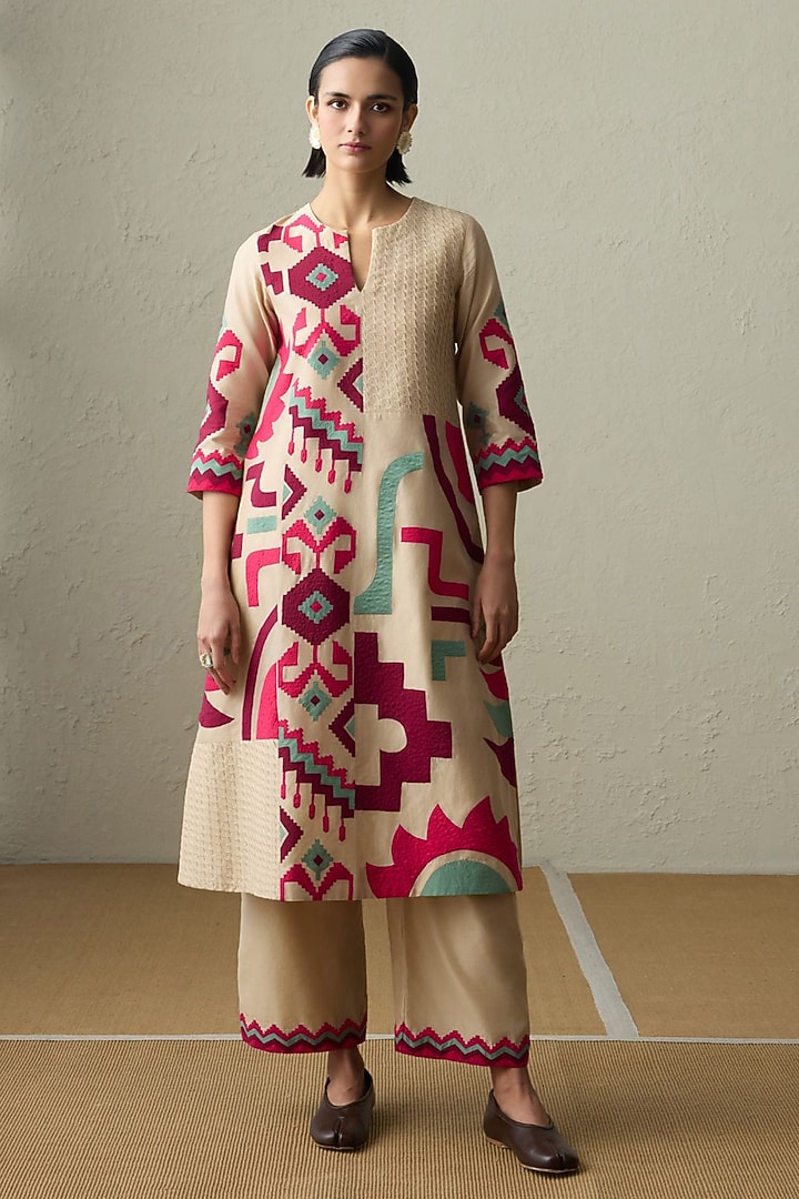 Dark Beige Silk Chanderi Applique A-Line Kurta Set by Sureena Chowdhri at Pernia's Pop Up Shop