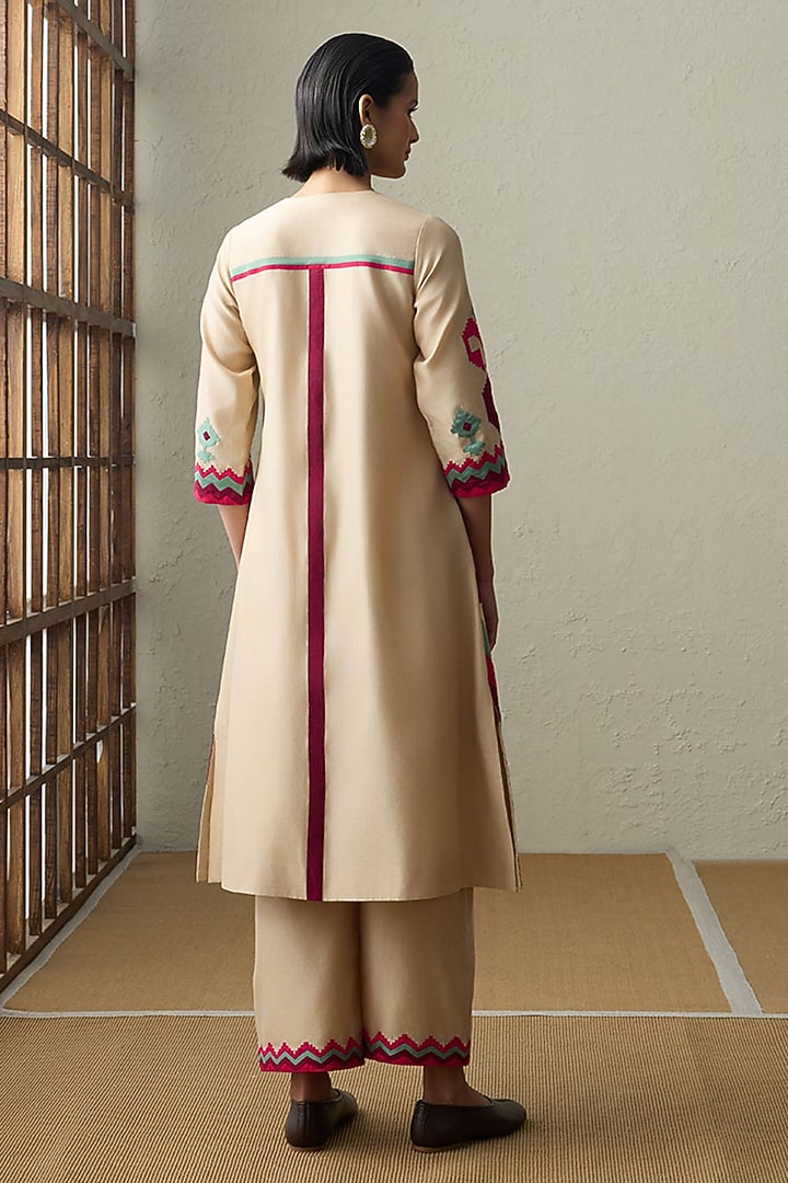 Dark Beige Silk Chanderi Applique A-Line Kurta Set by Sureena Chowdhri at Pernia's Pop Up Shop