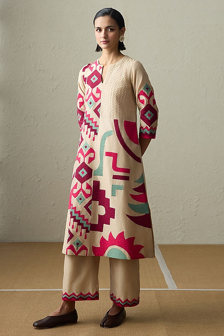 Dark Beige Silk Chanderi Applique A-Line Kurta Set by Sureena Chowdhri at Pernia's Pop Up Shop