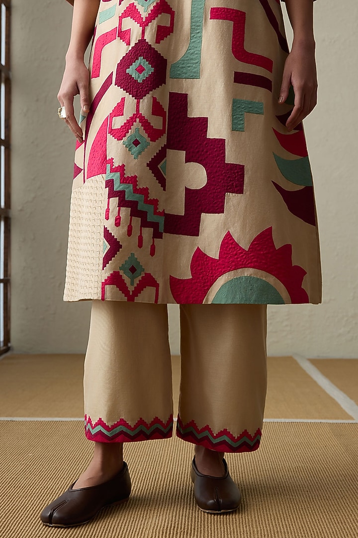 Dark Beige Silk Chanderi Applique A-Line Kurta Set by Sureena Chowdhri at Pernia's Pop Up Shop