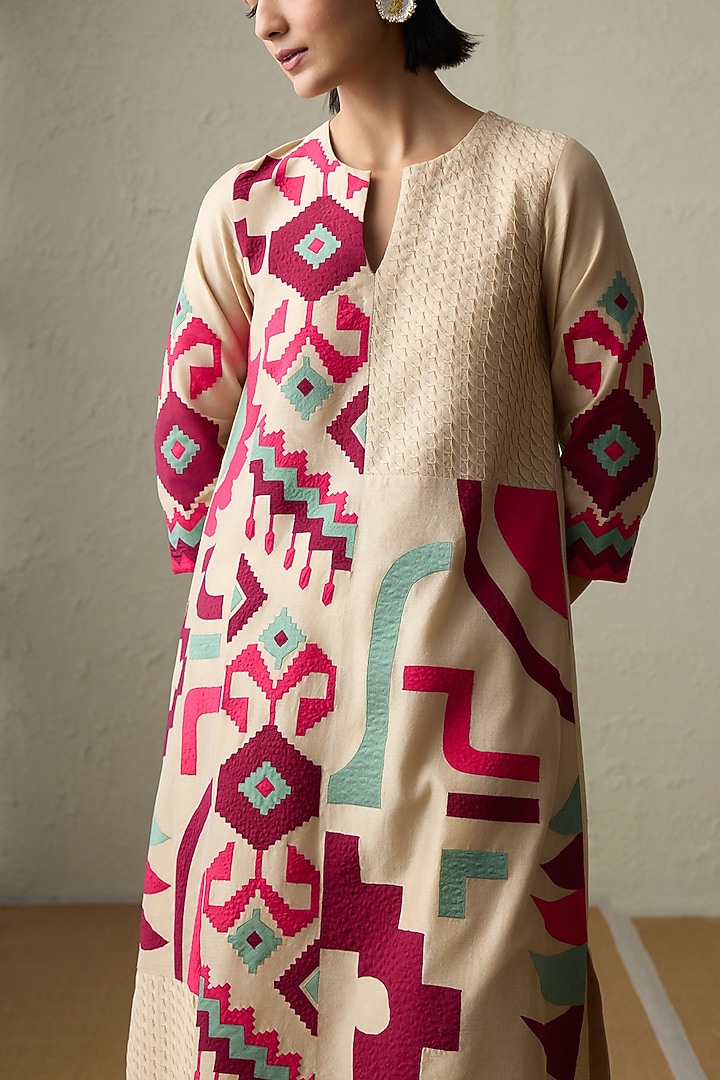 Dark Beige Silk Chanderi Applique A-Line Kurta Set by Sureena Chowdhri at Pernia's Pop Up Shop