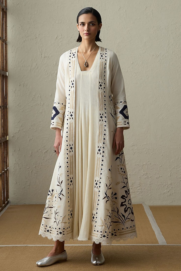 Ivory Cotton Gauze & Silk Chanderi Applique Work Wedding Anarkali Set by Sureena Chowdhri at Pernia's Pop Up Shop