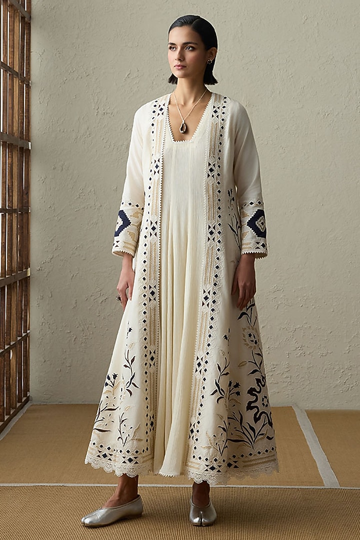 Ivory Cotton Gauze & Silk Chanderi Applique Work Wedding Anarkali Set by Sureena Chowdhri at Pernia's Pop Up Shop