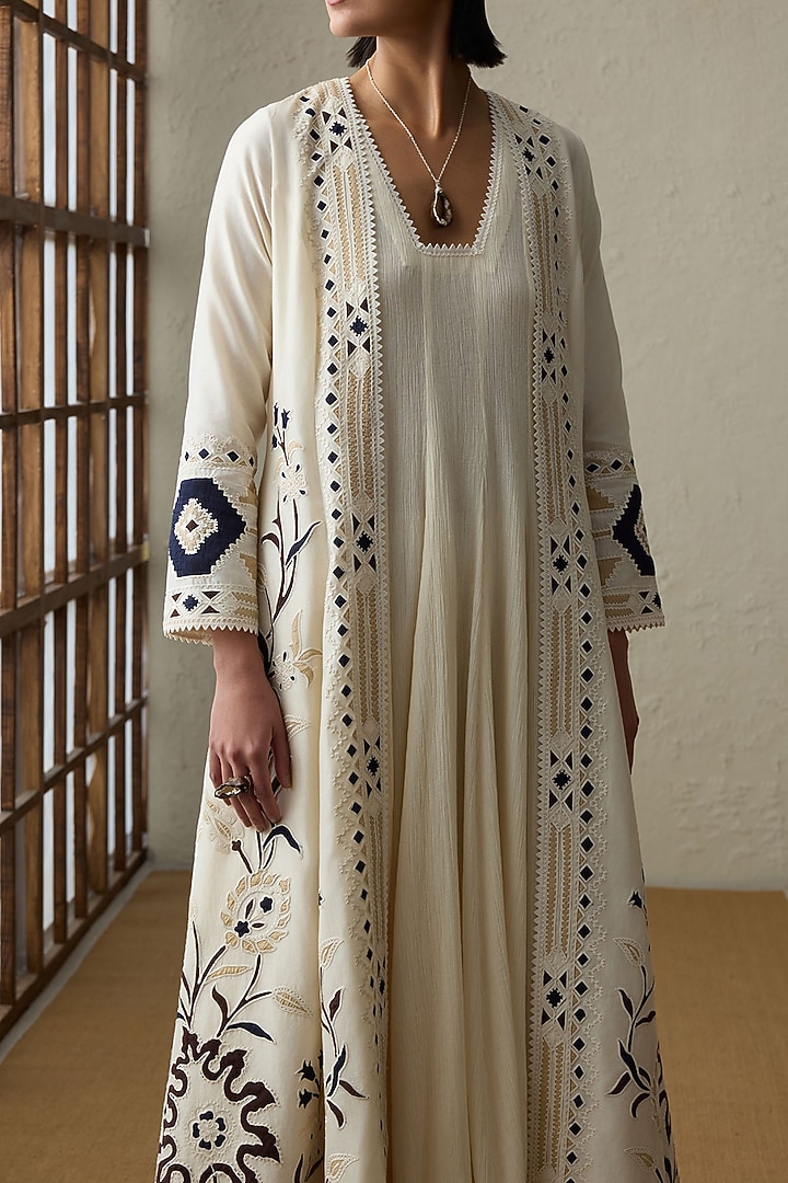 Ivory Cotton Gauze & Silk Chanderi Applique Work Wedding Anarkali Set by Sureena Chowdhri at Pernia's Pop Up Shop