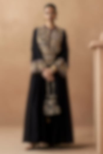 Black Silk Chanderi Zardosi Embroidered Wedding Anarkali by Sureena Chowdhri at Pernia's Pop Up Shop