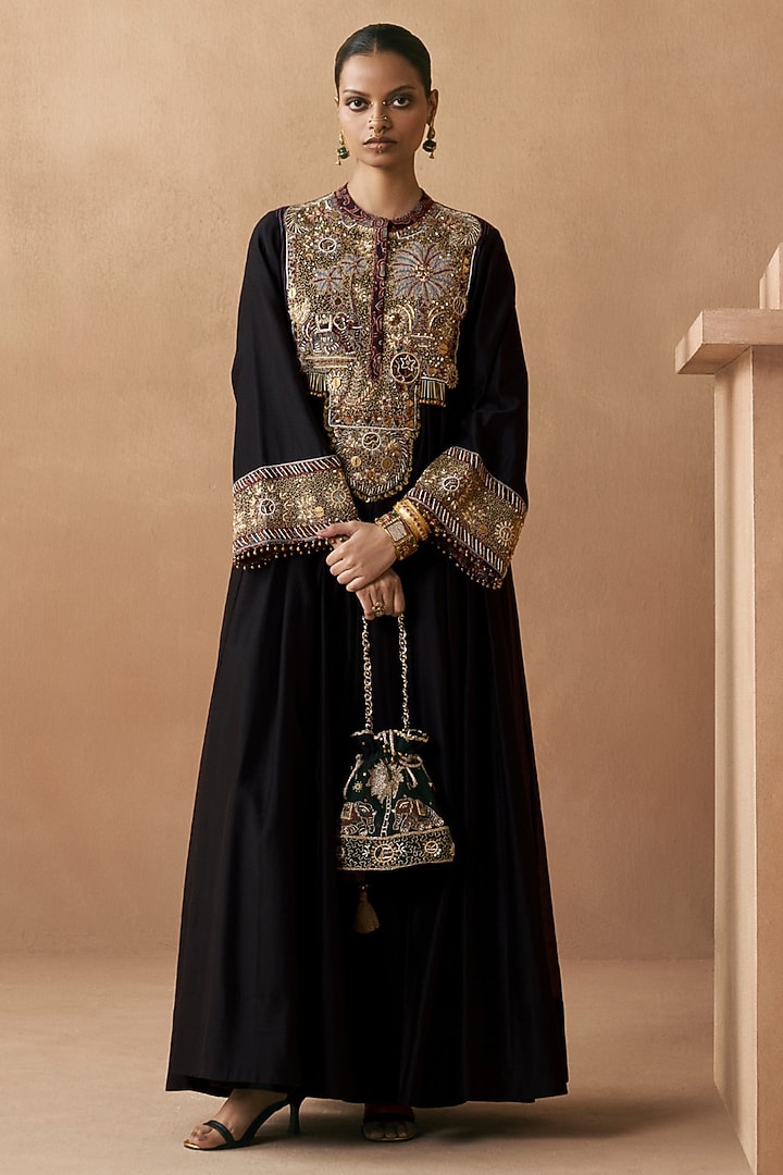 Black Silk Chanderi Zardosi Embroidered Wedding Anarkali by Sureena Chowdhri at Pernia's Pop Up Shop