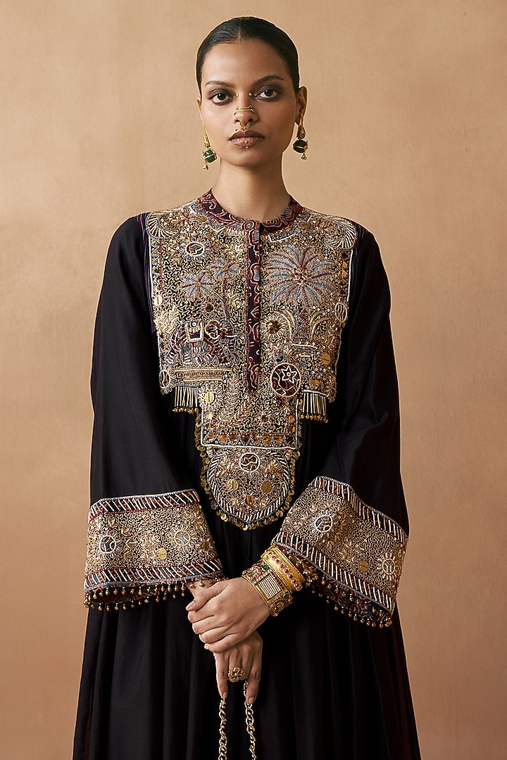 Black Silk Chanderi Zardosi Embroidered Wedding Anarkali by Sureena Chowdhri at Pernia's Pop Up Shop