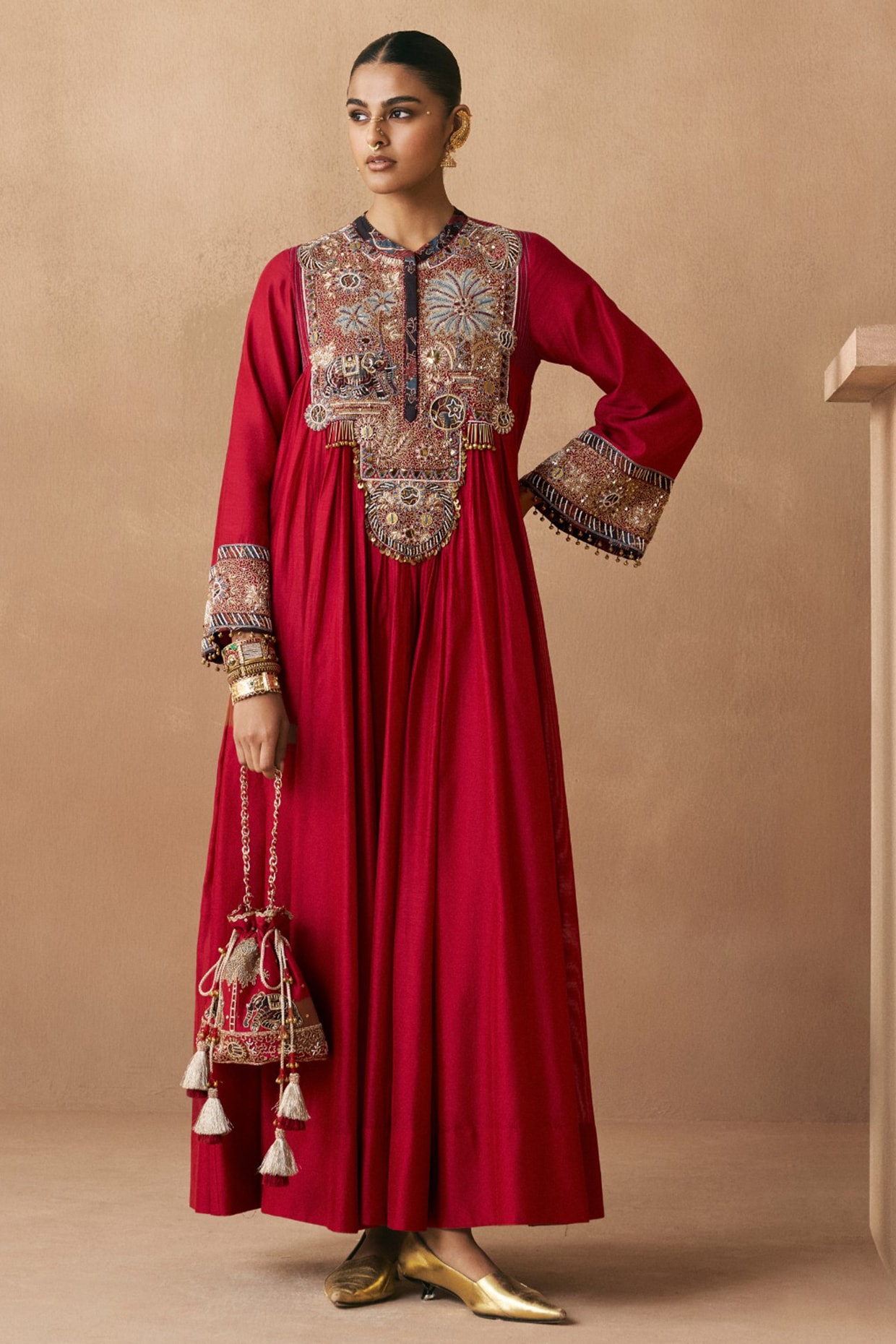 Sureena Chowdhri Deep Red Silk Chanderi Zardosi Embroidered Anarkali
