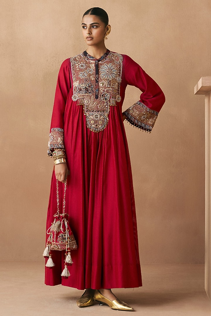 Deep Red Silk Chanderi Zardosi Embroidered Wedding Anarkali by Sureena Chowdhri at Pernia's Pop Up Shop