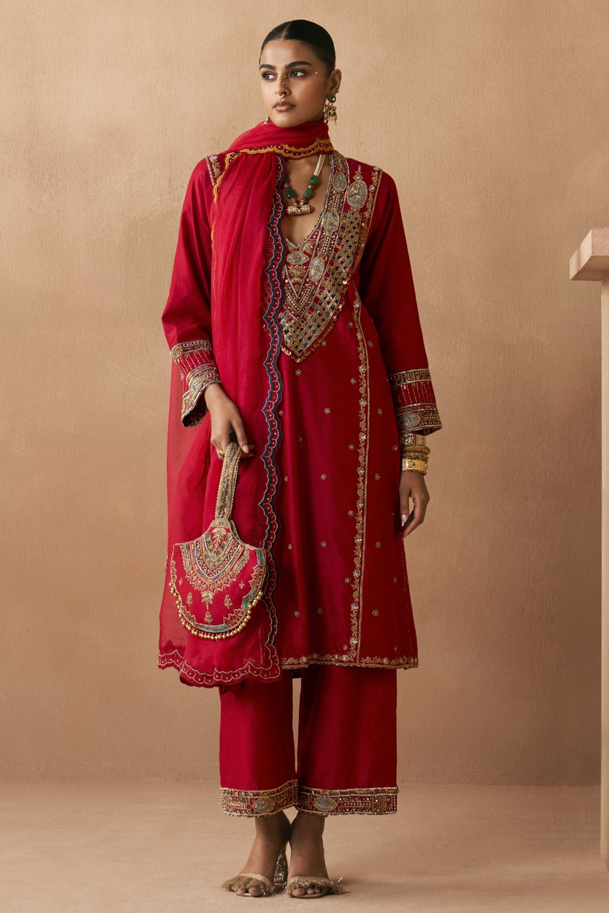 Sureena Chowdhri Deep Red Silk Chanderi Zardosi Embroidered Kurta Set