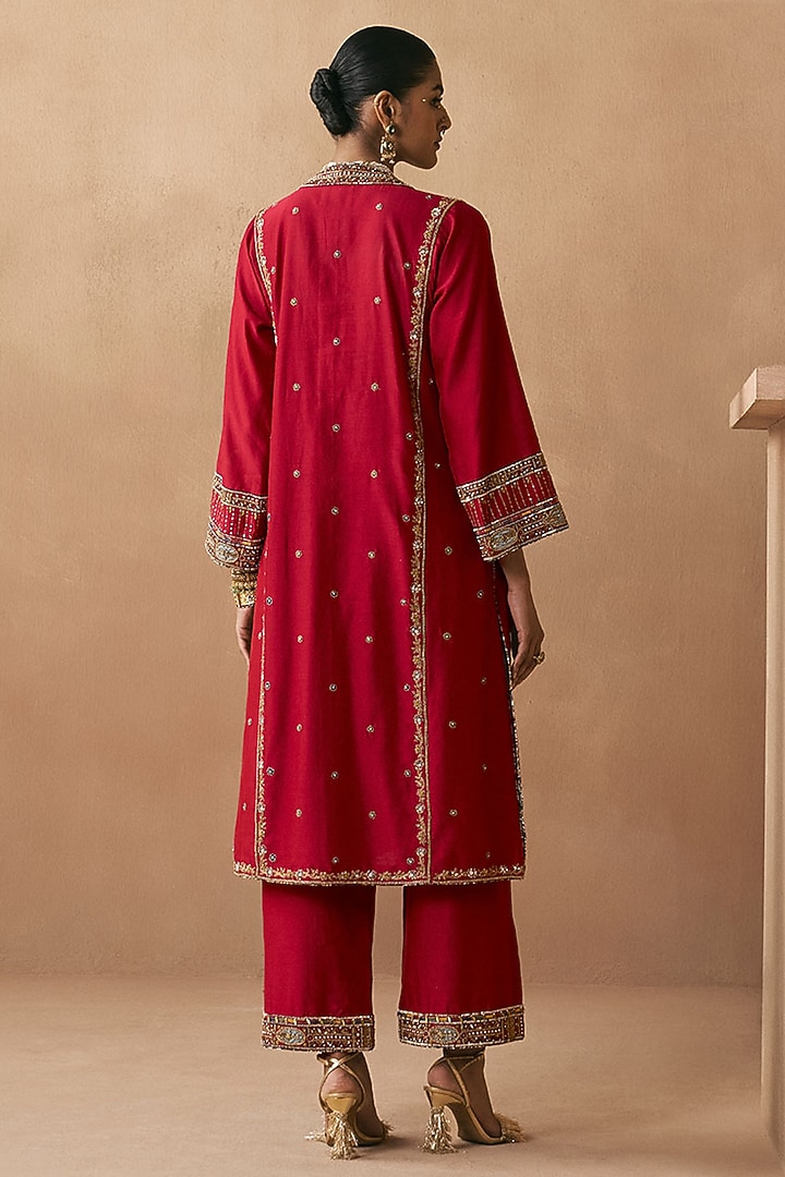 Deep Red Silk Chanderi Zardosi Embroidered Kurta Set by Sureena Chowdhri at Pernia's Pop Up Shop