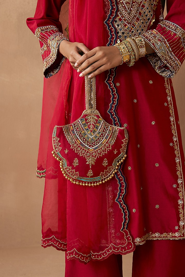 Deep Red Silk Chanderi Zardosi Embroidered Kurta Set by Sureena Chowdhri at Pernia's Pop Up Shop