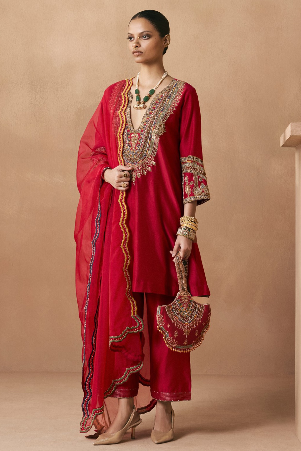 Sureena Chowdhri Deep Red Silk Chanderi Applique Embroidered Kurta Set