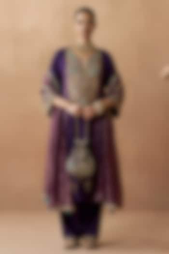Purple Silk Chanderi Aari Embroidered A-Line Kurta Set by Sureena Chowdhri at Pernia's Pop Up Shop