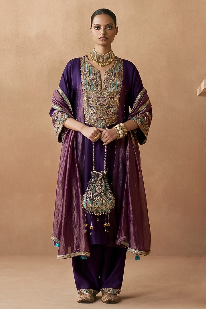 Purple Silk Chanderi Aari Embroidered A-Line Kurta Set by Sureena Chowdhri at Pernia's Pop Up Shop