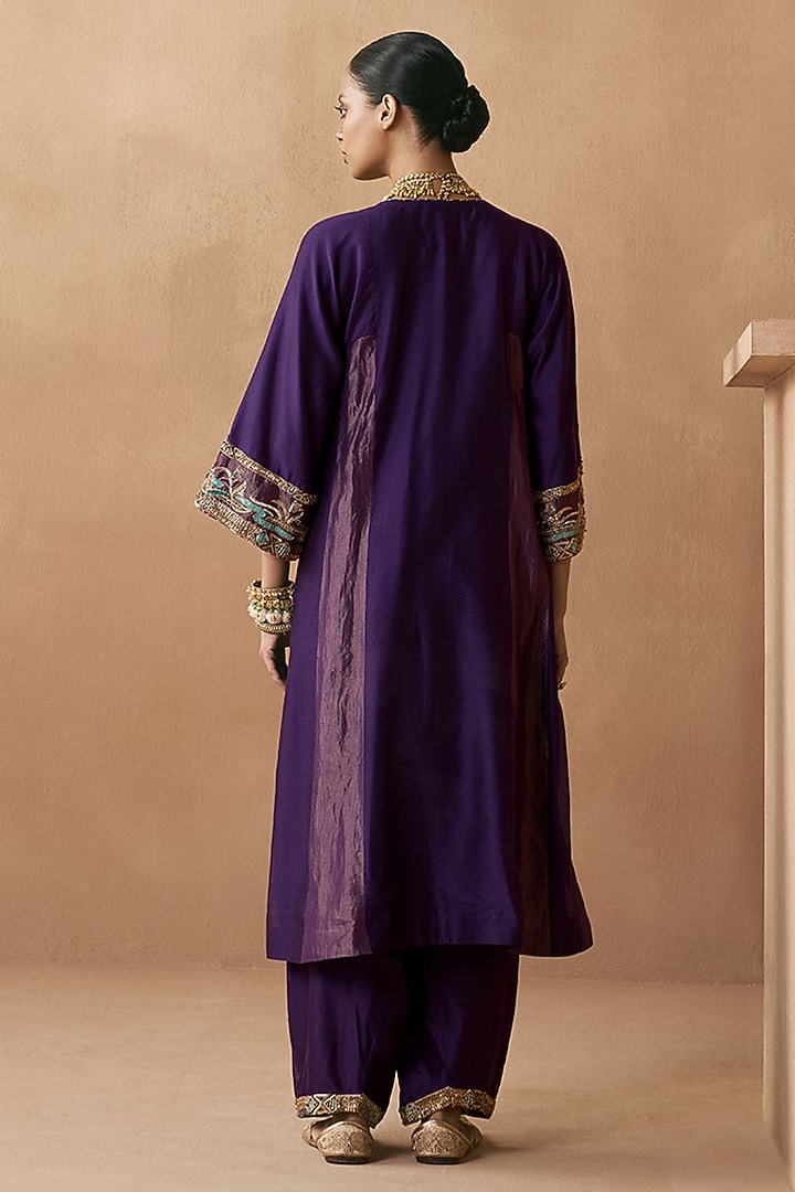 Purple Silk Chanderi Aari Embroidered A-Line Kurta Set by Sureena Chowdhri at Pernia's Pop Up Shop