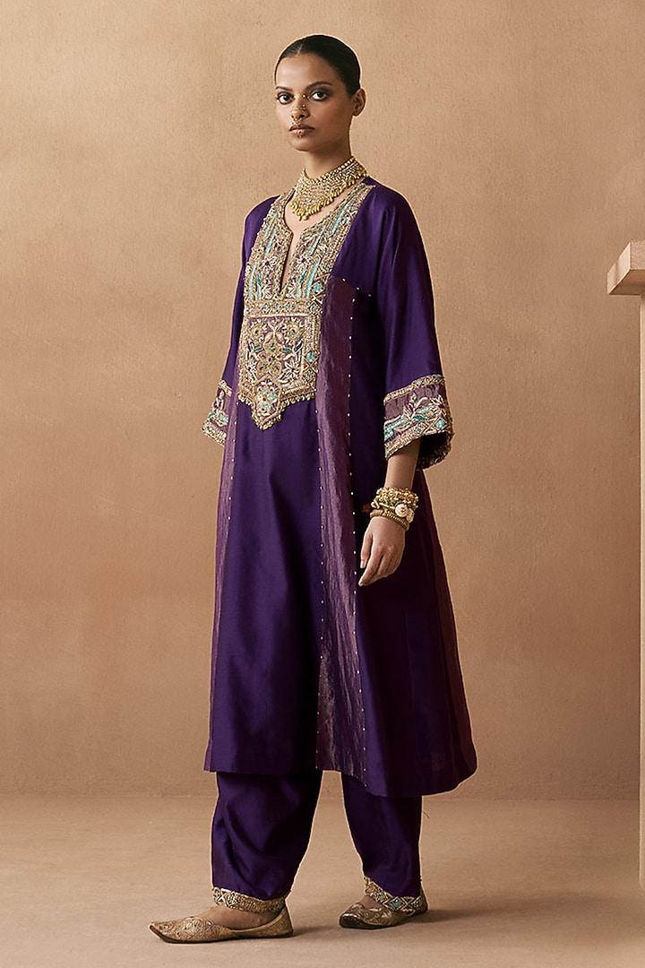 Purple Silk Chanderi Aari Embroidered A-Line Kurta Set by Sureena Chowdhri at Pernia's Pop Up Shop