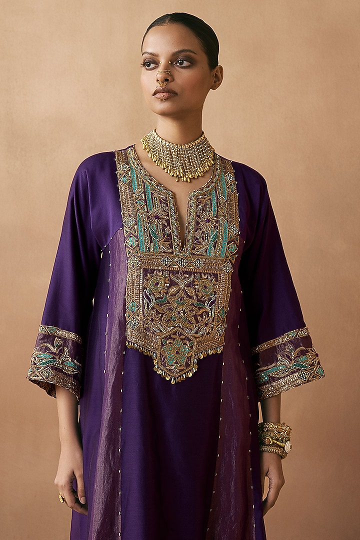 Purple Silk Chanderi Aari Embroidered A-Line Kurta Set by Sureena Chowdhri at Pernia's Pop Up Shop