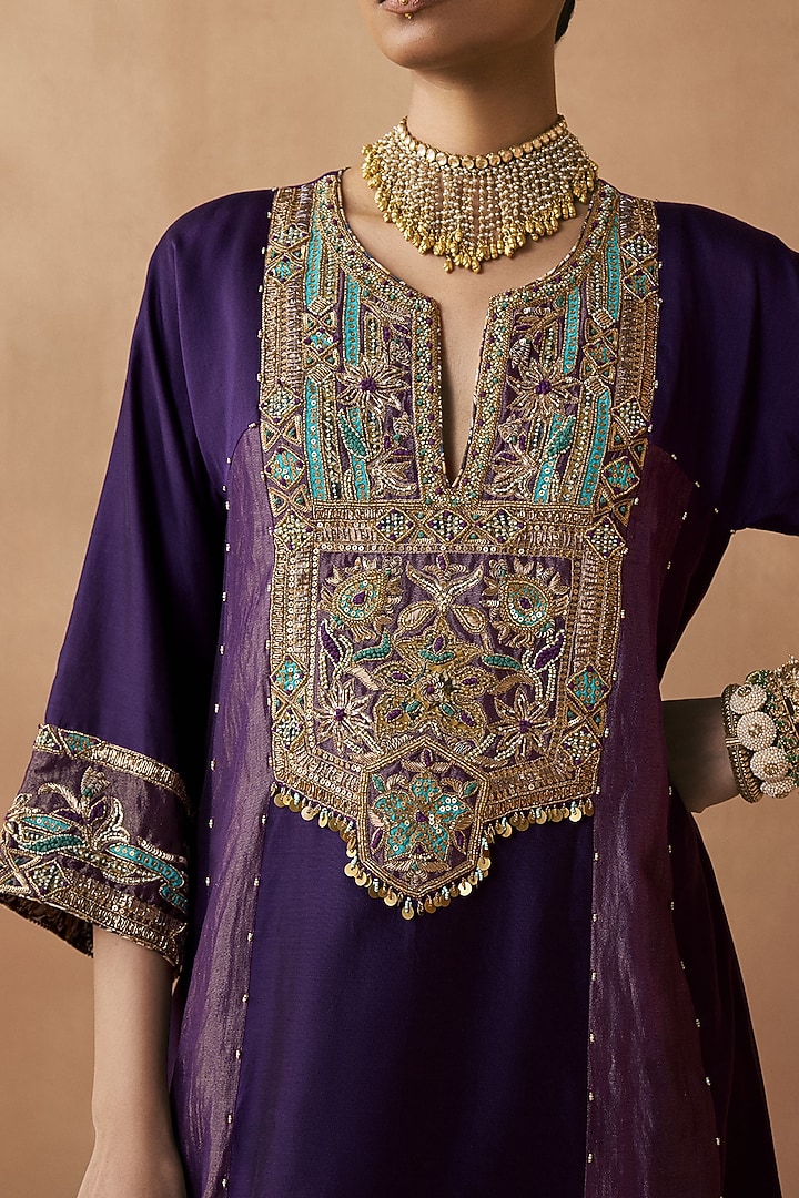 Purple Silk Chanderi Aari Embroidered A-Line Kurta Set by Sureena Chowdhri at Pernia's Pop Up Shop