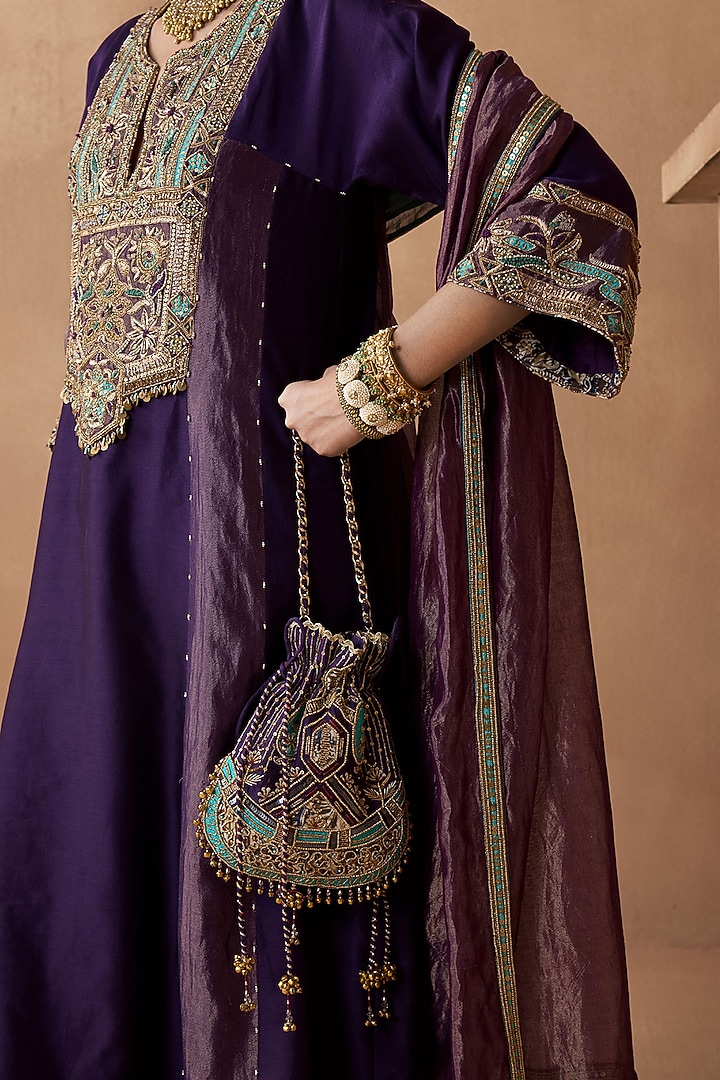 Purple Silk Chanderi Aari Embroidered A-Line Kurta Set by Sureena Chowdhri at Pernia's Pop Up Shop