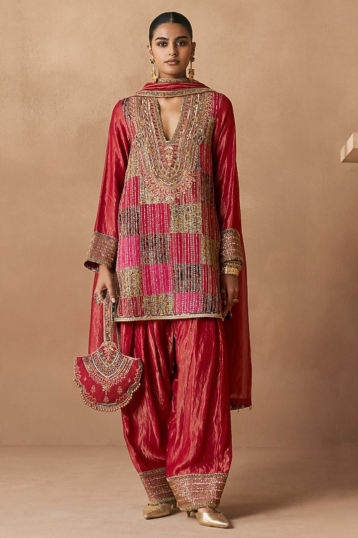 Deep Red Tissue Silk Zardosi Embroidered Kurta Set by Sureena Chowdhri at Pernia's Pop Up Shop
