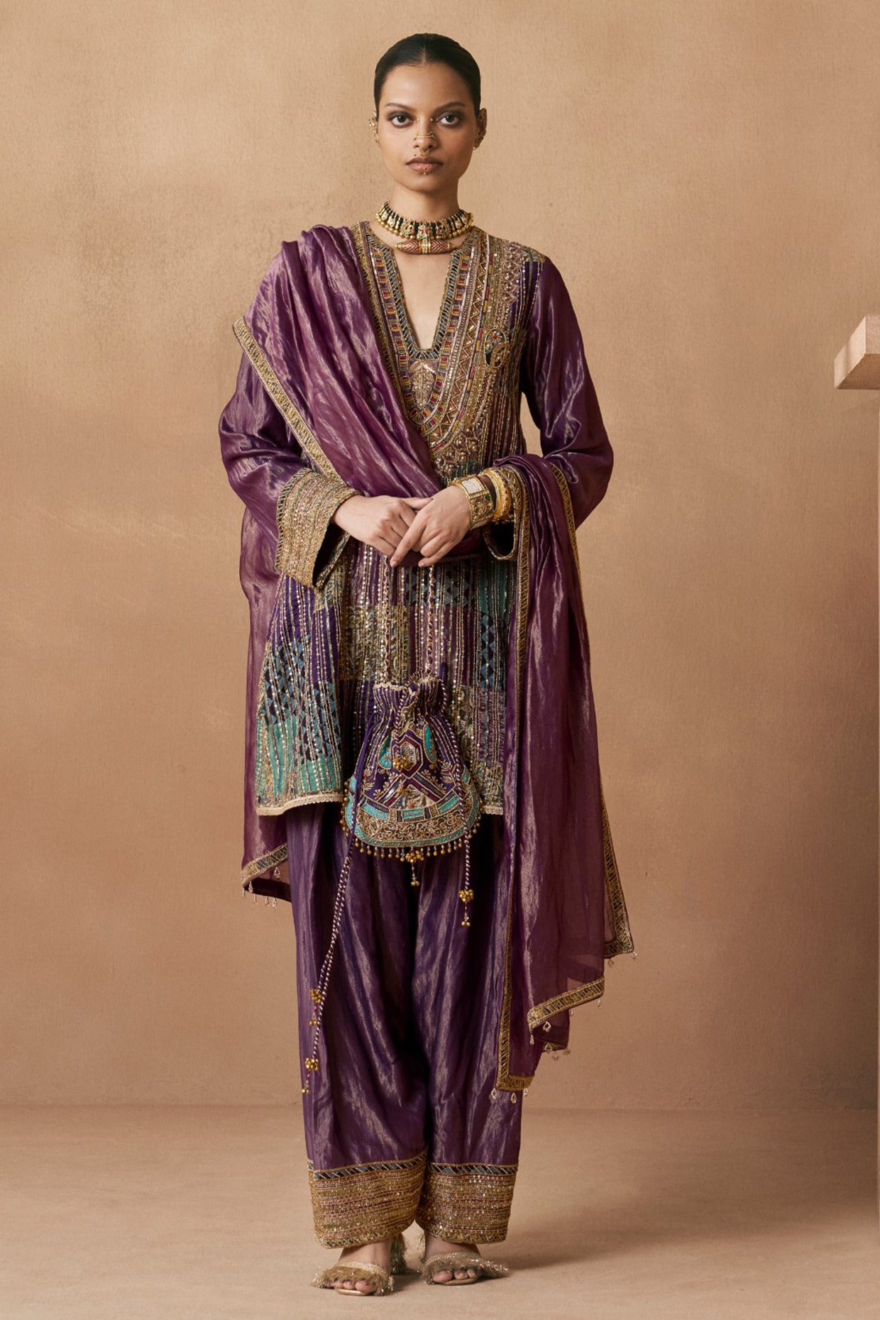 Sureena Chowdhri Purple Tissue Silk Zardosi Embroidered Kurta Set