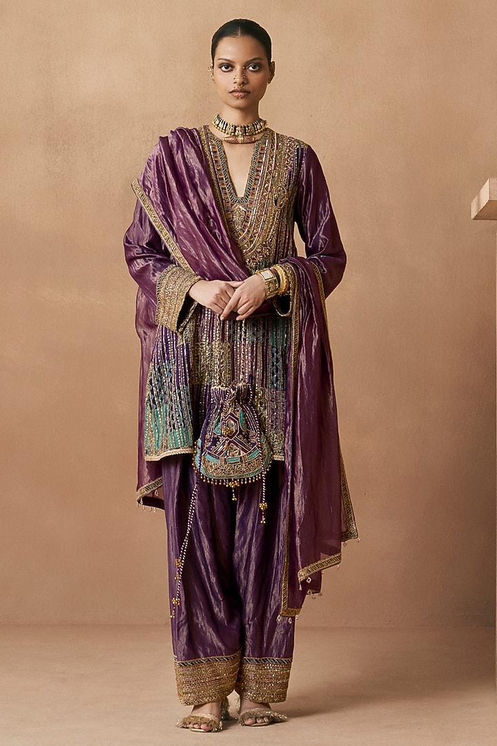 Purple Tissue Silk Zardosi Embroidered Kurta Set by Sureena Chowdhri at Pernia's Pop Up Shop