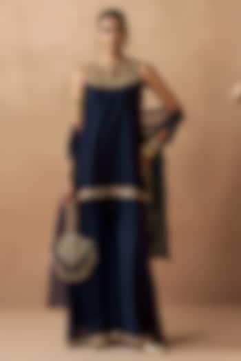 Navy Blue Silk Chanderi Party Wear Sharara Set by Sureena Chowdhri at Pernia's Pop Up Shop