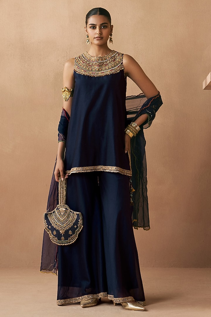 Navy Blue Silk Chanderi Party Wear Sharara Set by Sureena Chowdhri at Pernia's Pop Up Shop