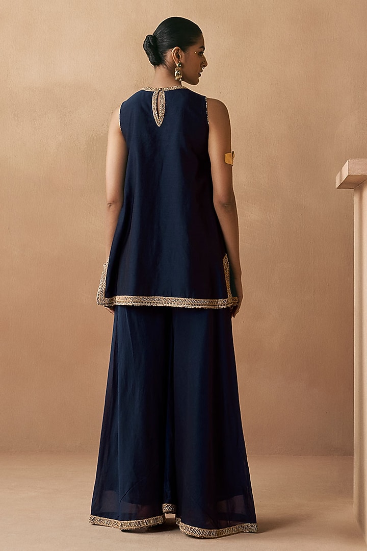 Navy Blue Silk Chanderi Party Wear Sharara Set by Sureena Chowdhri at Pernia's Pop Up Shop