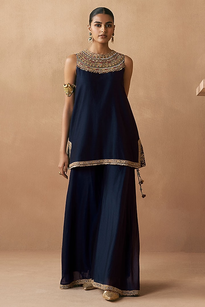 Navy Blue Silk Chanderi Party Wear Sharara Set by Sureena Chowdhri at Pernia's Pop Up Shop