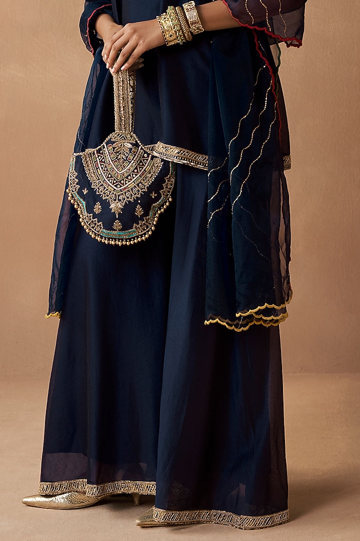 Navy Blue Silk Chanderi Party Wear Sharara Set by Sureena Chowdhri at Pernia's Pop Up Shop