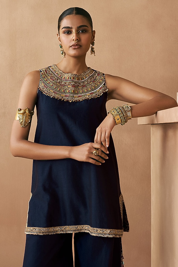 Navy Blue Silk Chanderi Party Wear Sharara Set by Sureena Chowdhri at Pernia's Pop Up Shop