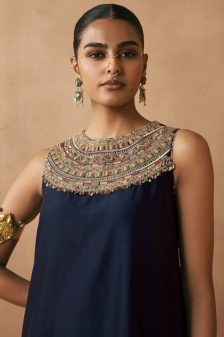Navy Blue Silk Chanderi Party Wear Sharara Set by Sureena Chowdhri at Pernia's Pop Up Shop