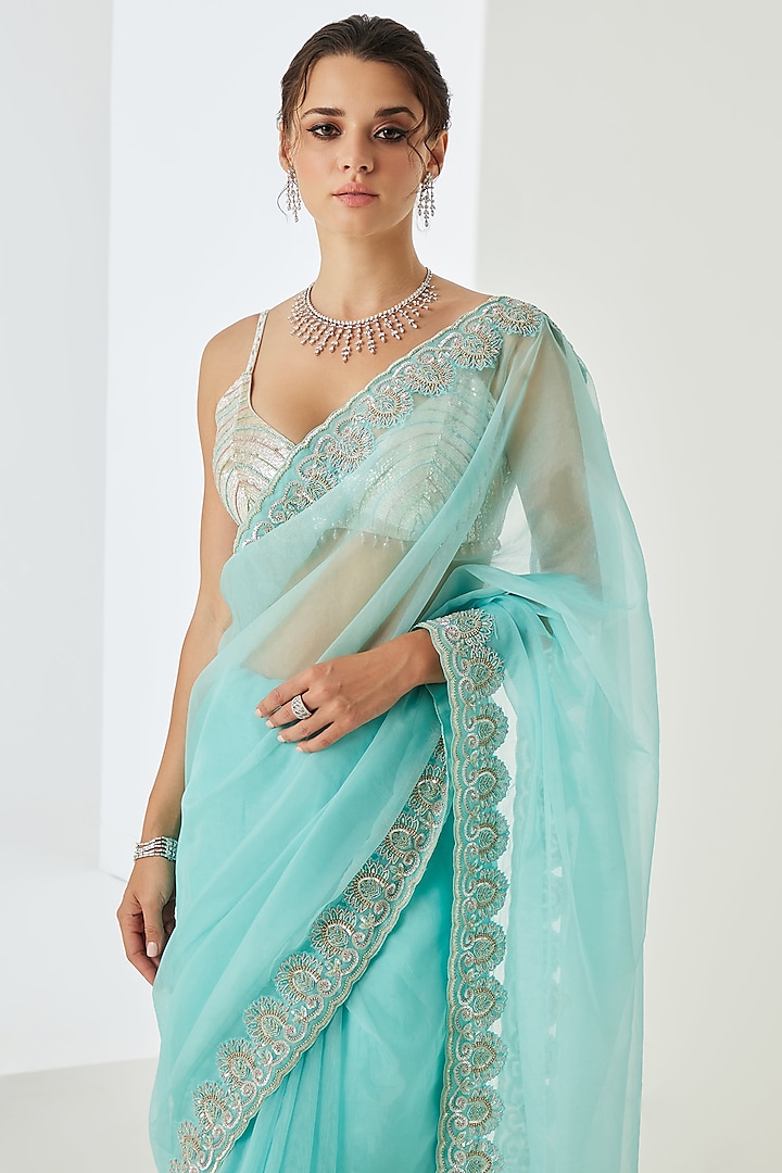 Light Firozi Organza Embellished Wedding Saree Set by Sureena Chowdhri at Pernia's Pop Up Shop